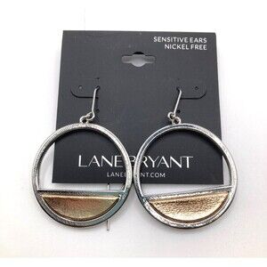LANE BRYANT Textured Mixed Metal Partial Hoop Drop Earring Extra Long Hook Back
